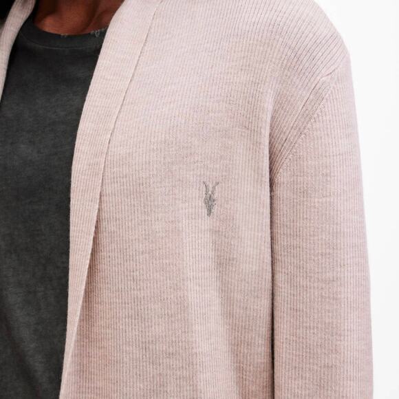 All Saints Boston Taupe Mode Merino Ramskull Open Cardigan - Picture 5 of 8